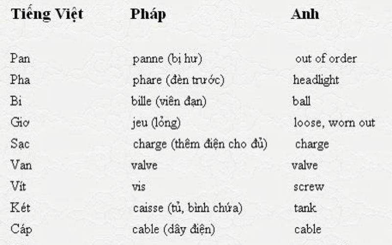 Từ Việt vay mượn tiếng Pháp